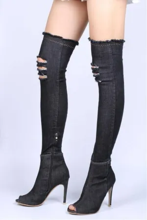Thigh High Black Denim Boots