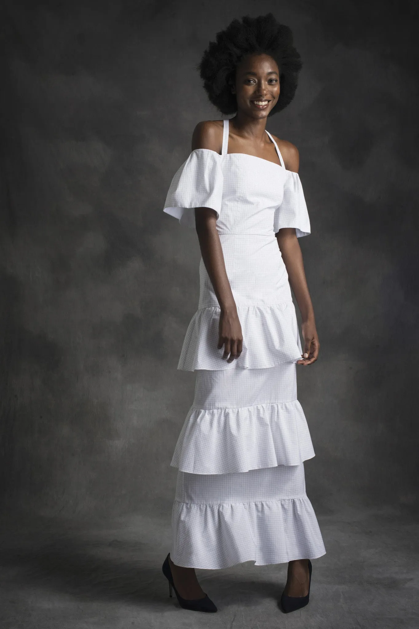 TIERED CUT OFF SHIRTING DRESS