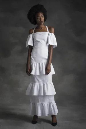 TIERED CUT OFF SHIRTING DRESS