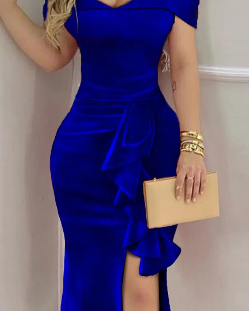 Velvet Off Shoulder Ruffle Hem Split Maxi Dress
