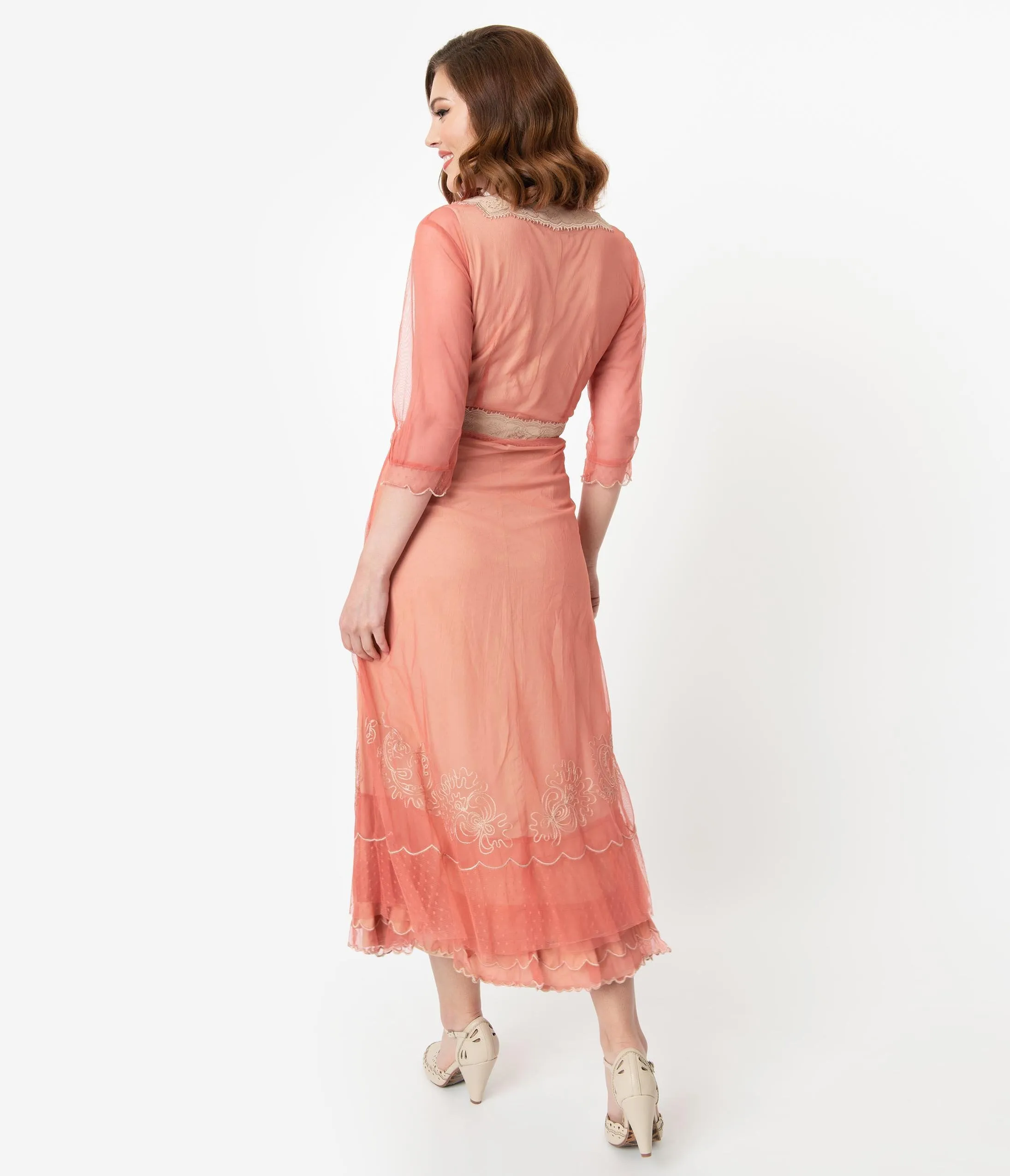 Vintage Style Rose Pink Mesh & Beige Embroidered Edwardian Dress