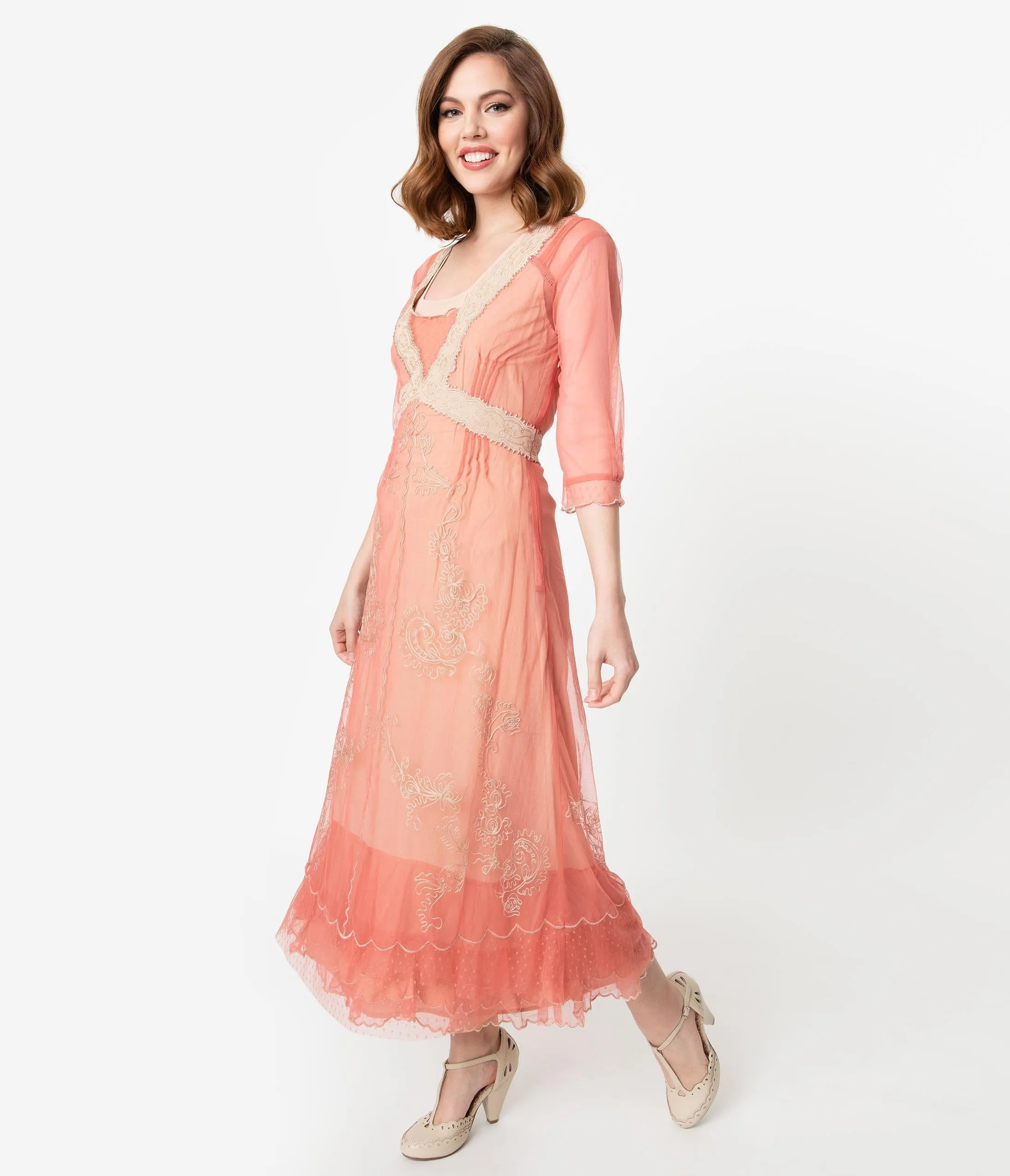 Vintage Style Rose Pink Mesh & Beige Embroidered Edwardian Dress