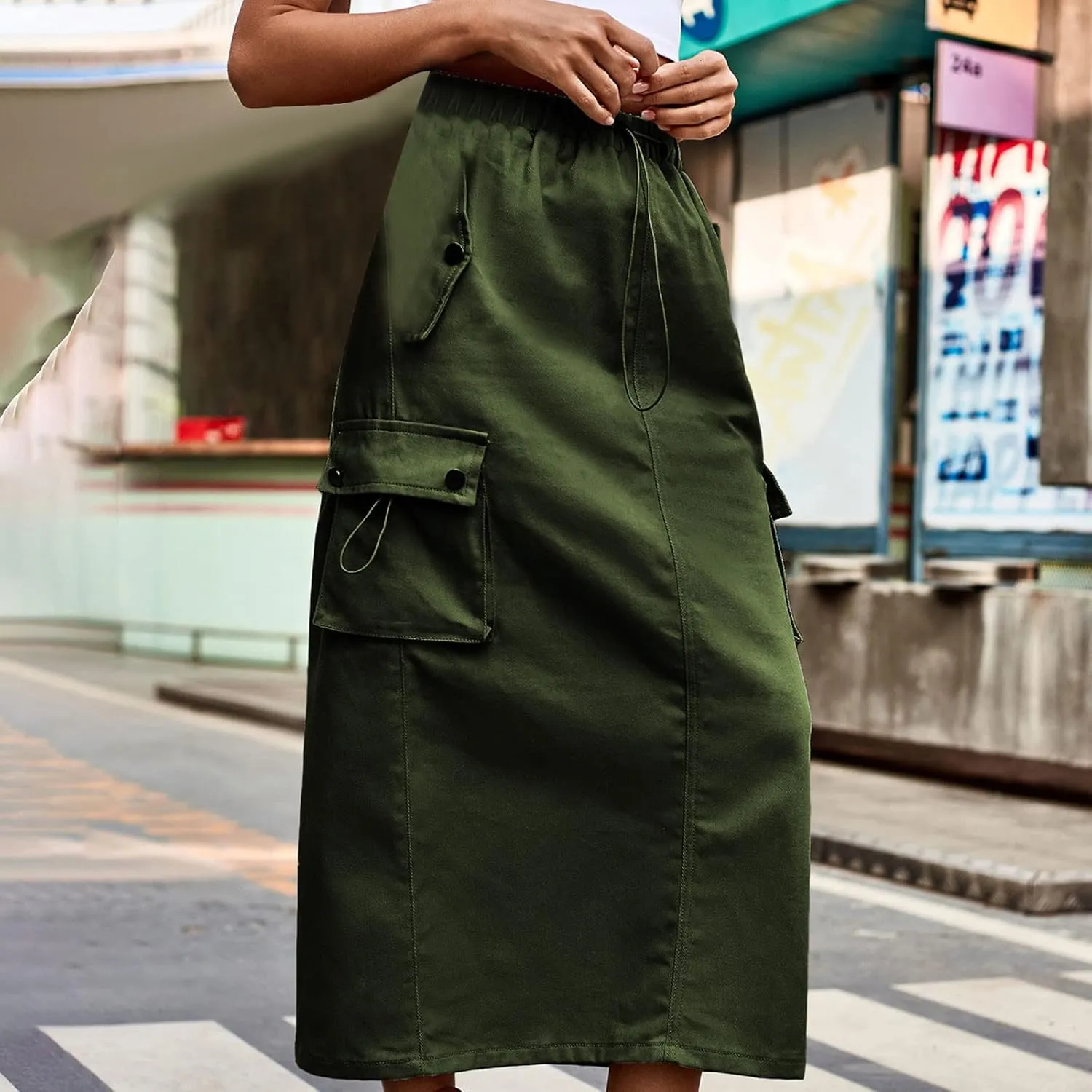 Women Denim Cargo Long Skirts Drawstring High Waisted Pencil Skirt Flowy A-line Midi Jean Skirt with Flap Pockets