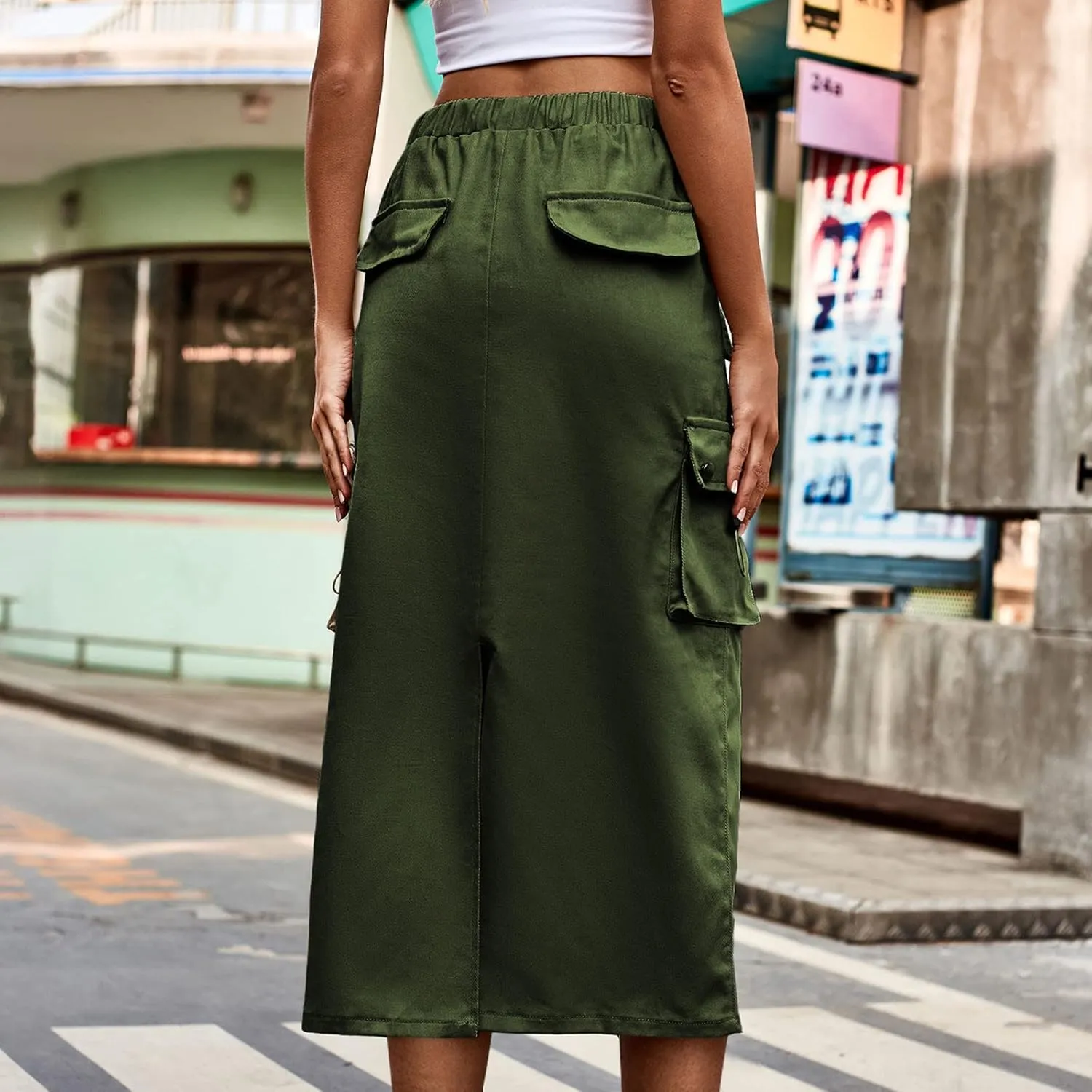 Women Denim Cargo Long Skirts Drawstring High Waisted Pencil Skirt Flowy A-line Midi Jean Skirt with Flap Pockets
