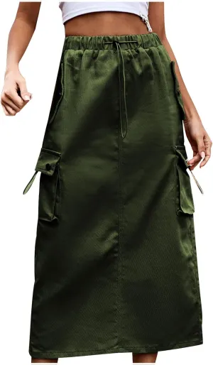 Women Denim Cargo Long Skirts Drawstring High Waisted Pencil Skirt Flowy A-line Midi Jean Skirt with Flap Pockets