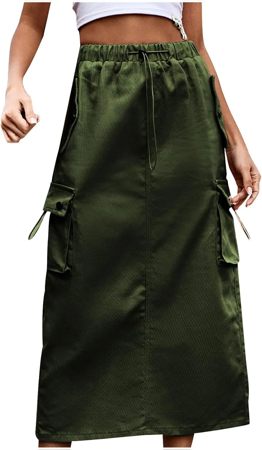 Women Denim Cargo Long Skirts Drawstring High Waisted Pencil Skirt Flowy A-line Midi Jean Skirt with Flap Pockets