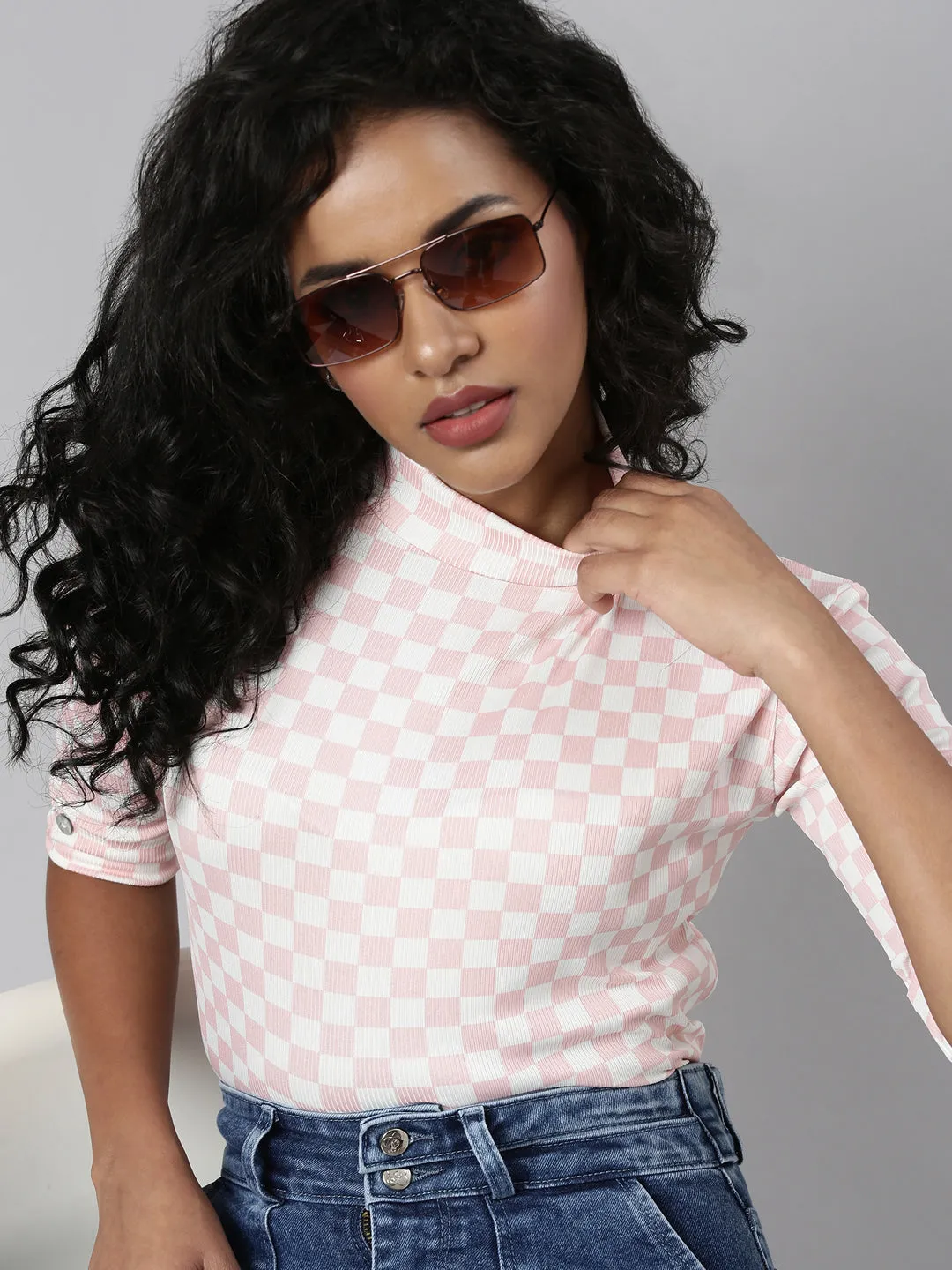 Women Pink Checked Regular Top