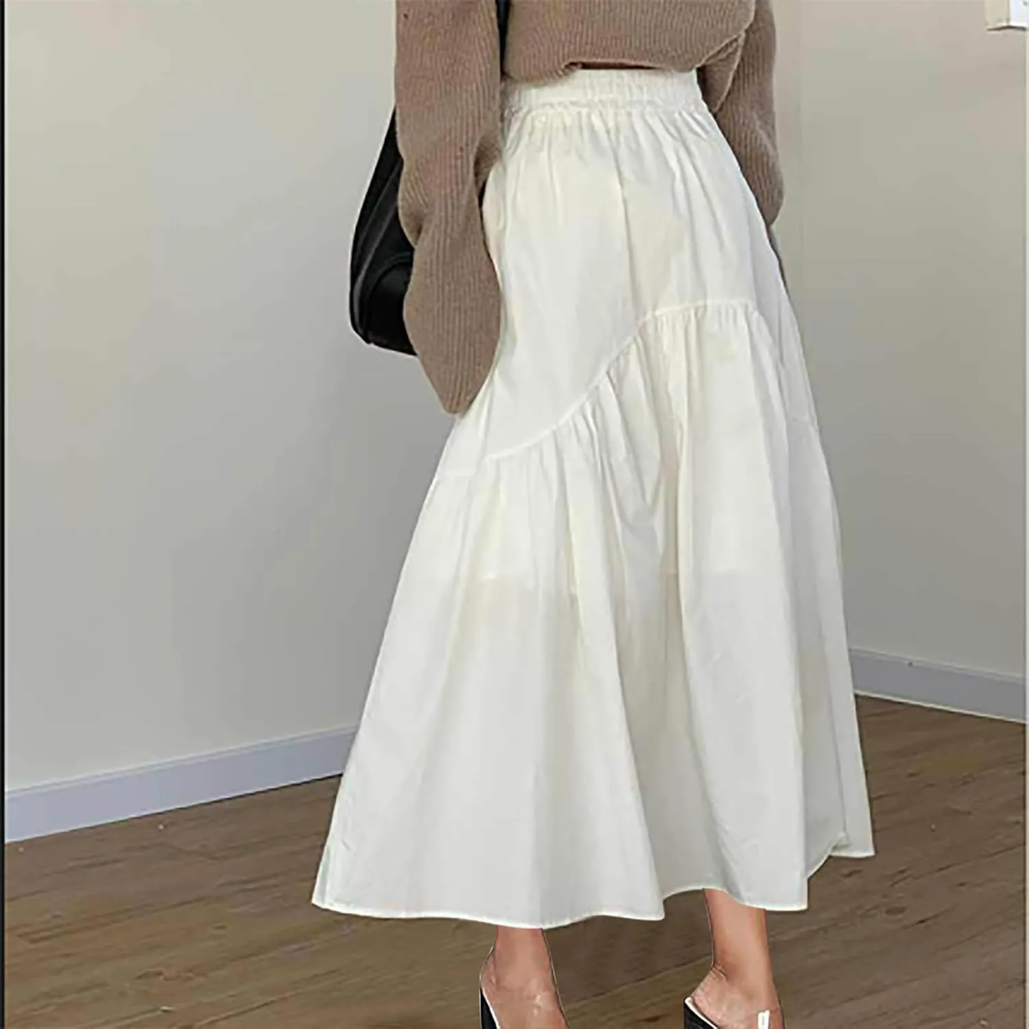 Women's Casual High Waist Pleated A-Line Midi Skirt Summer Loose Fit Solid Color Swing Flowy Skirts Fashion Outfits