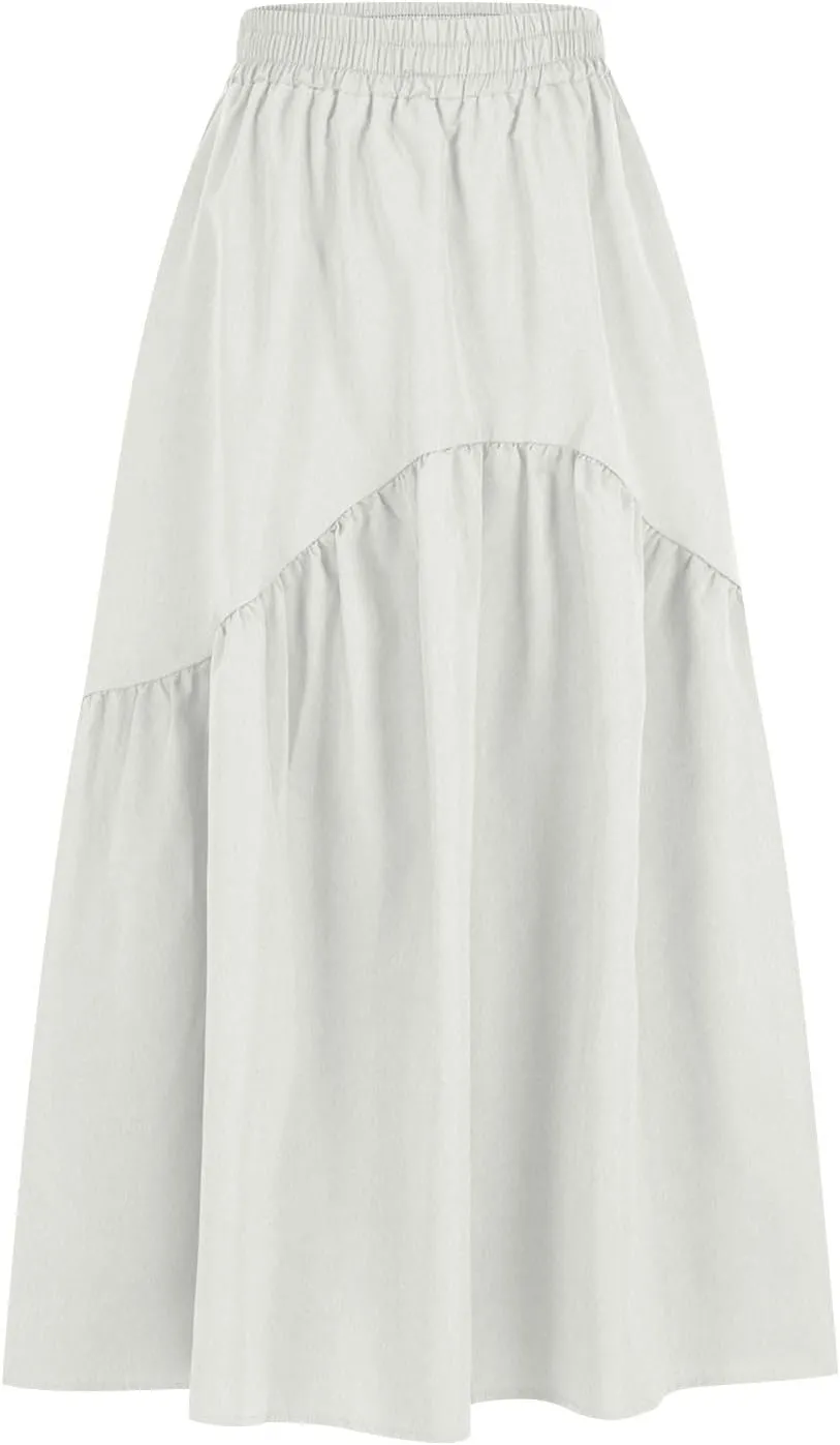 Women's Casual High Waist Pleated A-Line Midi Skirt Summer Loose Fit Solid Color Swing Flowy Skirts Fashion Outfits
