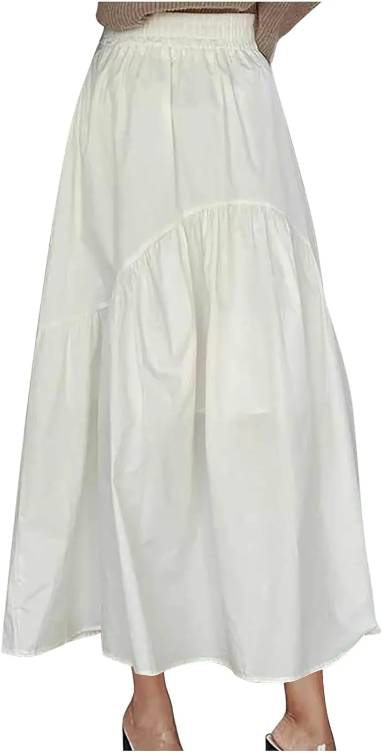 Women's Casual High Waist Pleated A-Line Midi Skirt Summer Loose Fit Solid Color Swing Flowy Skirts Fashion Outfits
