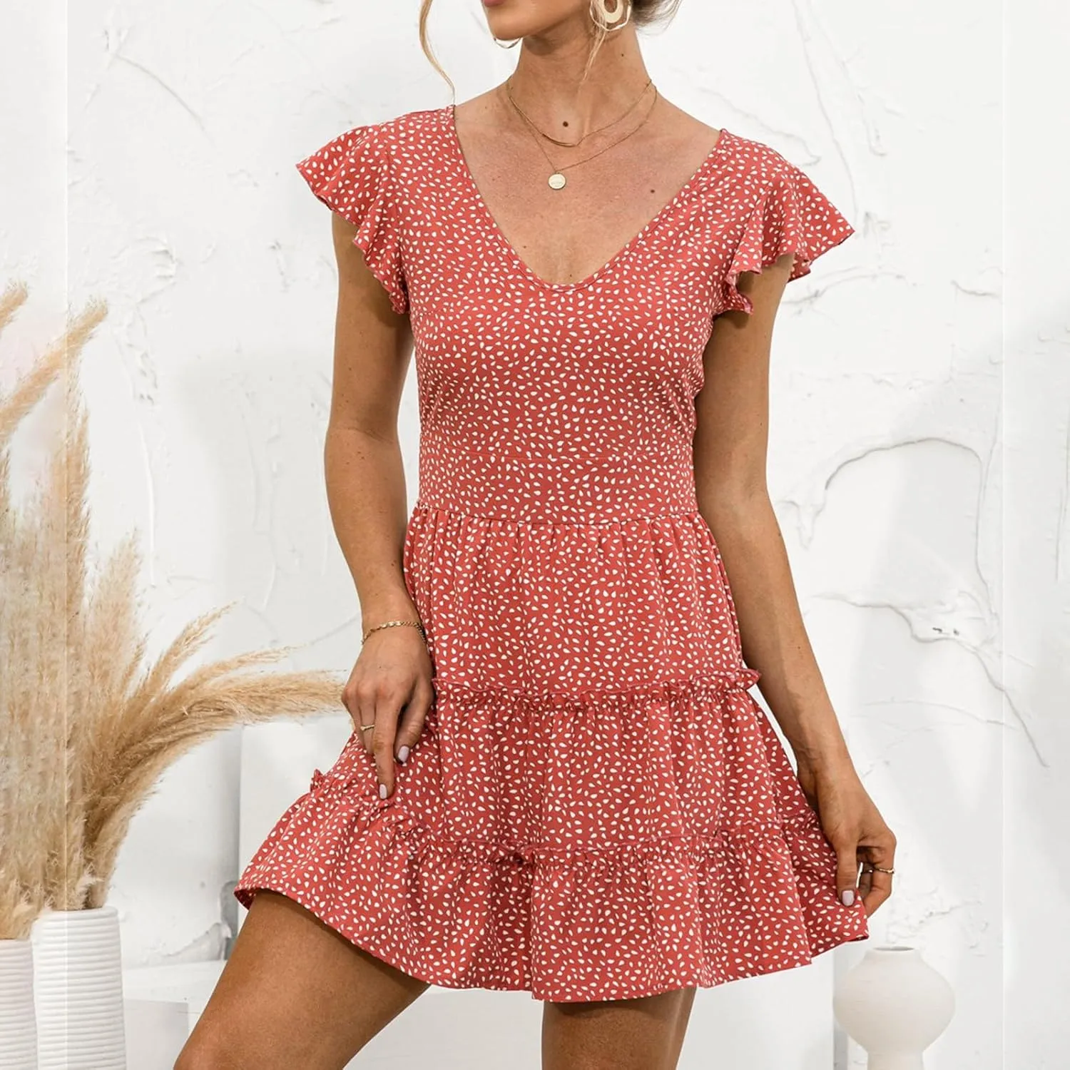 Womens Summer Short Sleeve Dresses V Neck Floral Print Ruffle Sleeve Layered Mini Dress Cute Smocked Short Dress