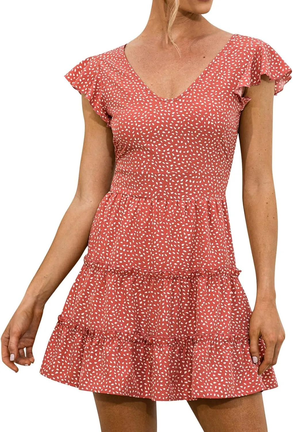Womens Summer Short Sleeve Dresses V Neck Floral Print Ruffle Sleeve Layered Mini Dress Cute Smocked Short Dress