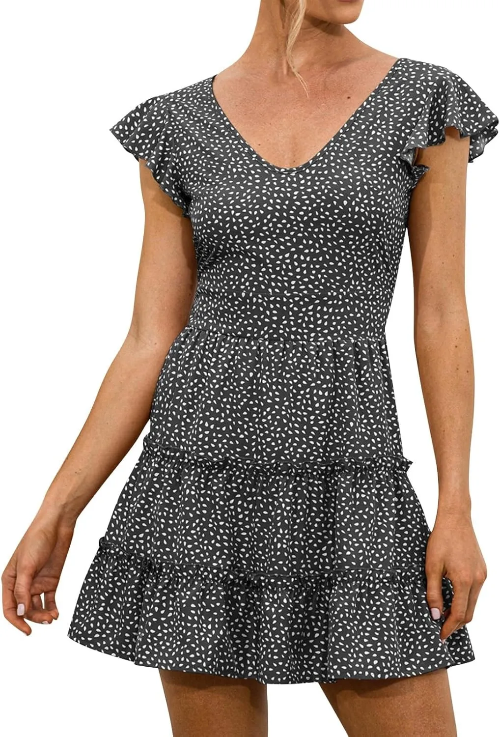 Womens Summer Short Sleeve Dresses V Neck Floral Print Ruffle Sleeve Layered Mini Dress Cute Smocked Short Dress