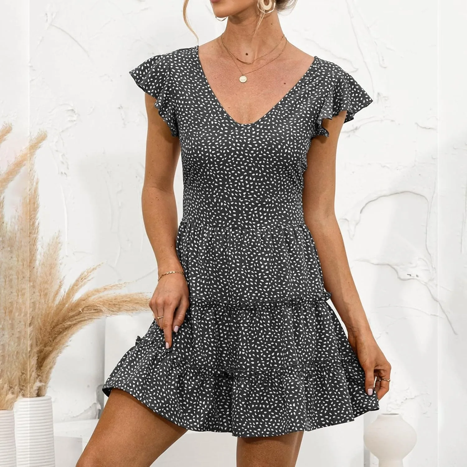 Womens Summer Short Sleeve Dresses V Neck Floral Print Ruffle Sleeve Layered Mini Dress Cute Smocked Short Dress