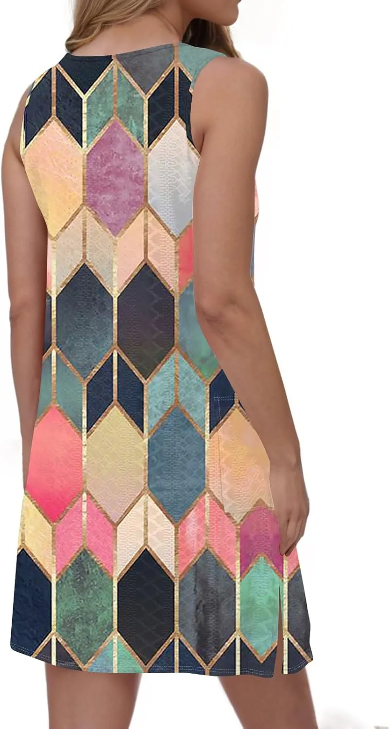 ZEFOTIM Cute Striped Color Block Geometry Eyelet Dress for Women Summer Mini Sleeveless Sundress Beach Dresses with Pockets