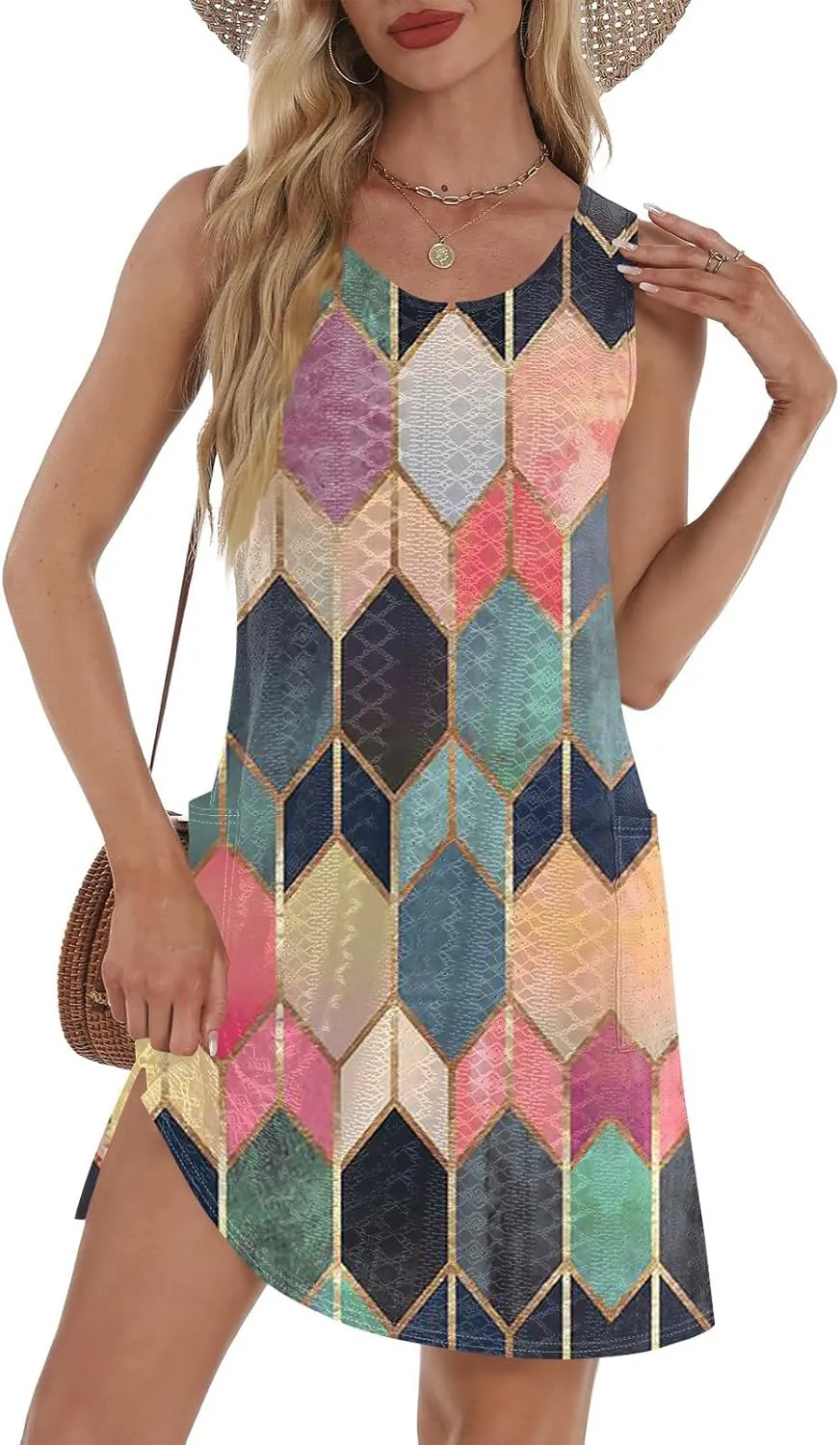 ZEFOTIM Cute Striped Color Block Geometry Eyelet Dress for Women Summer Mini Sleeveless Sundress Beach Dresses with Pockets