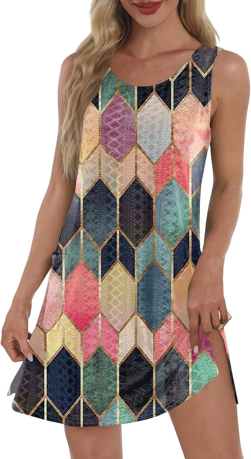 ZEFOTIM Cute Striped Color Block Geometry Eyelet Dress for Women Summer Mini Sleeveless Sundress Beach Dresses with Pockets