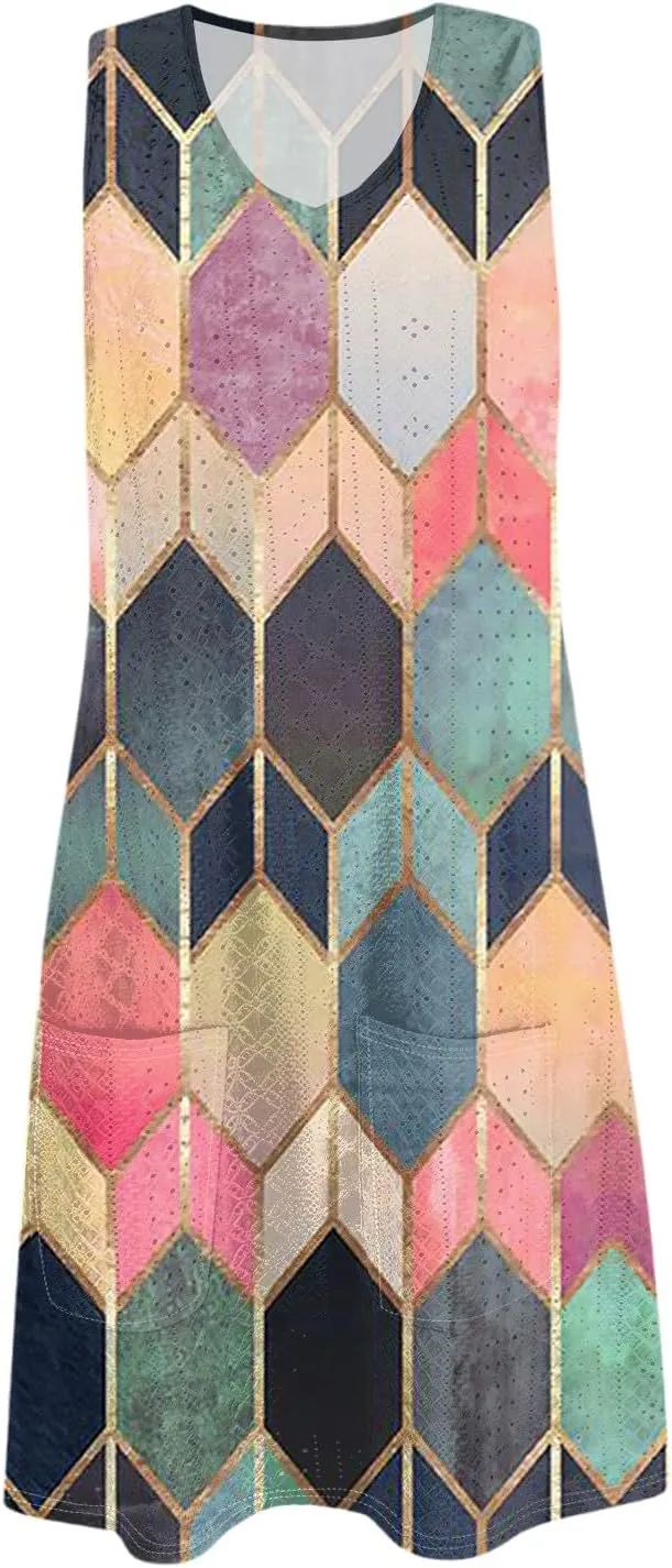 ZEFOTIM Cute Striped Color Block Geometry Eyelet Dress for Women Summer Mini Sleeveless Sundress Beach Dresses with Pockets