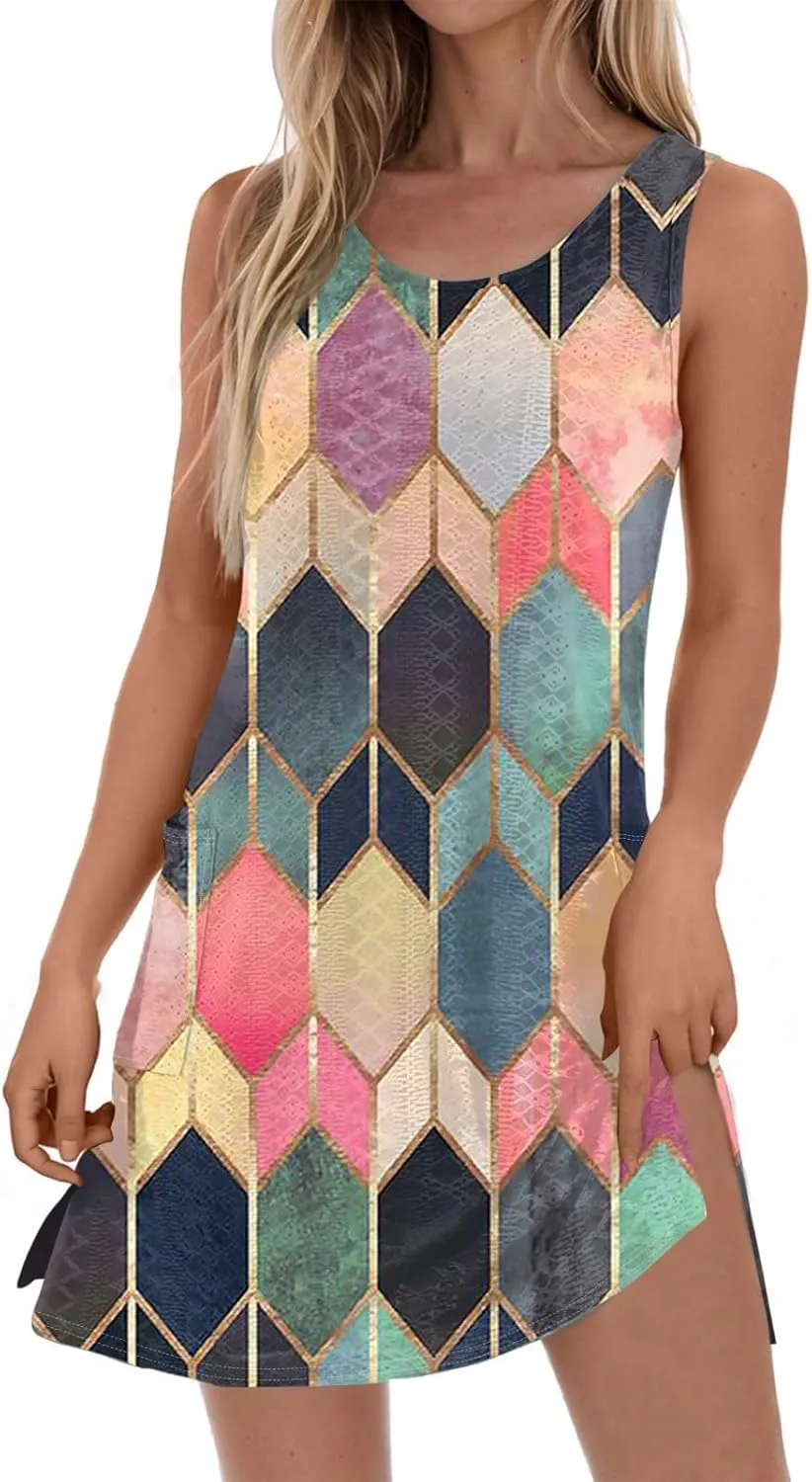 ZEFOTIM Cute Striped Color Block Geometry Eyelet Dress for Women Summer Mini Sleeveless Sundress Beach Dresses with Pockets